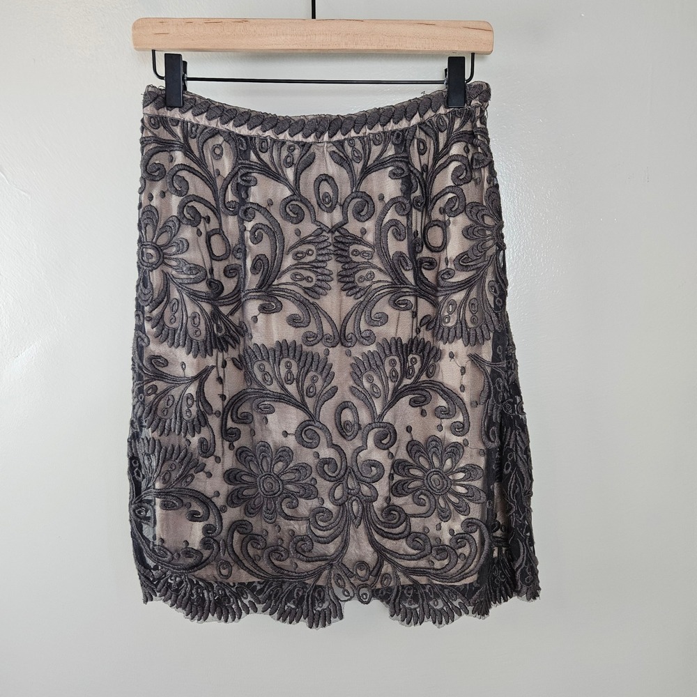 Yoana Baraschi Anthropologie Embroidered Mesh Mini Skirt Sz‎ 4 Taupe Brown